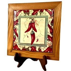 Chili Pepper Trivet Tile/Hot Plate Wood Frame Wall Hanging by Eileen Rosenfeld